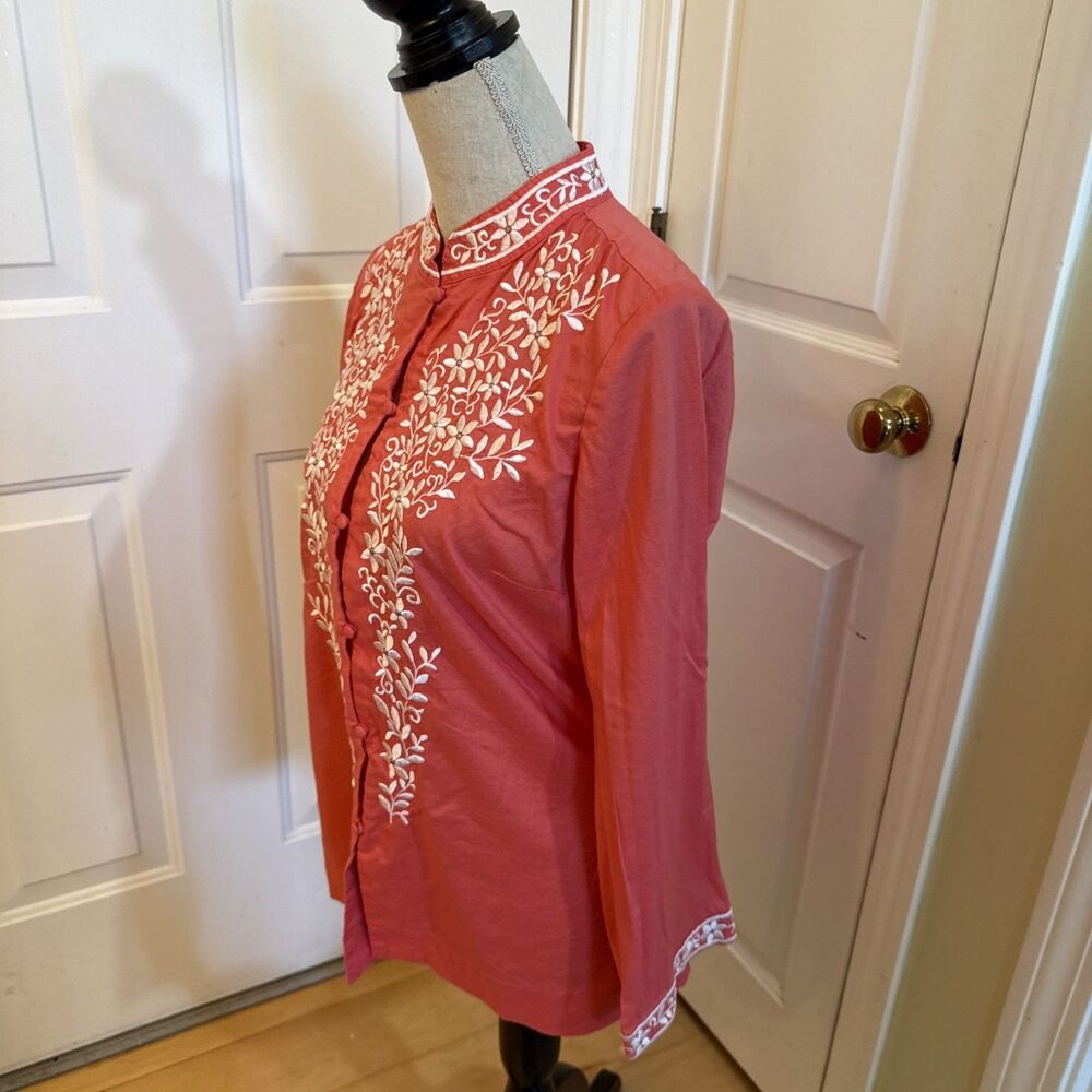 LACE MANDARIN COLLAR Talbots coral embroidered long sleeve cotton blouse size S